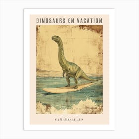 Vintage Camarasaurus Dinosaur On A Surf Board 1 Poster Art Print