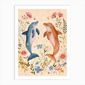 Folksy Floral Animal Drawing Dolphin Art Print