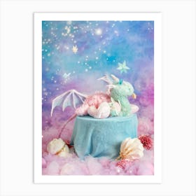 Baby Dragon Sleeping Wings Gently Unfolded Cradled By Its Mother Amidst Clouds Powdered Candy Dus Art Print