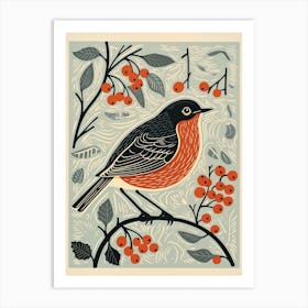 Vintage Bird Linocut European Robin 3 Art Print