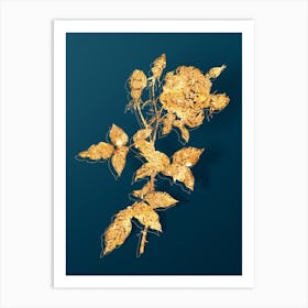 Vintage Provence Rose Botanical in Gold on Teal Blue Art Print