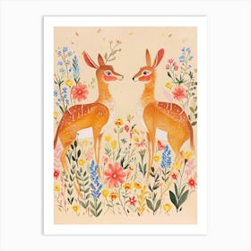 Folksy Floral Animal Drawing Deer 3 Art Print