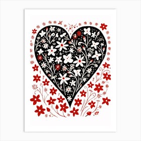 Blooming Floral Heart Black & Red Art Print