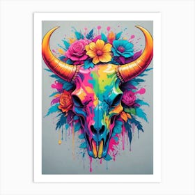 Floral Bull Skull Neon Iridescent Painting (8) Art Print