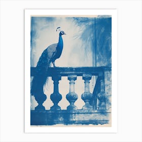 Cyanotype Inspired Peacock Resting On A Handrail 4 Art Print