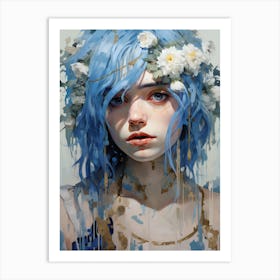Blue haired flower girl Art Print