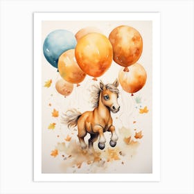 Horse Flying With Autumn Fall Pumpkins And Balloons Watercolour Nursery 2 Art Print