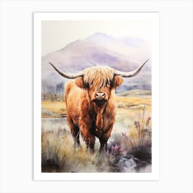 Curious Highland Cow In Field With Rolling Hills Watercolour 5 Art Print