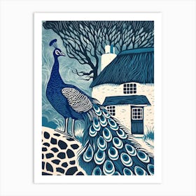 Peacock By The Cottage Navy 3 Art Print