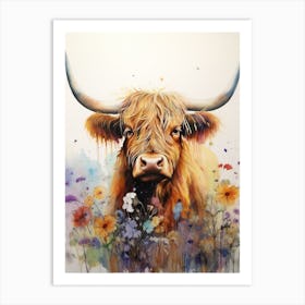 Colourful Paint Splash Of Highland Cow In Wildflower Field Art Print