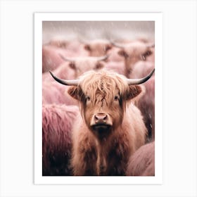 Blush Pink Highland Cows In The Rain 3 Art Print