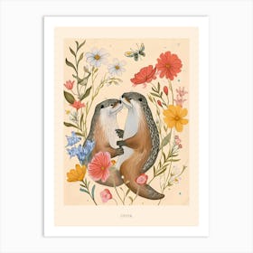 Folksy Floral Animal Drawing Otter Poster Art Print