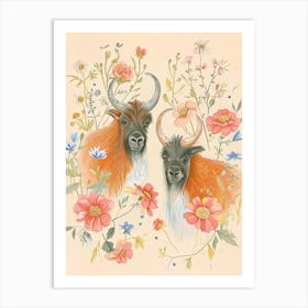 Folksy Floral Animal Drawing Yak 3 Art Print