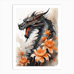 Japanese Dragon Abstract Flowers Painting (31) Art Print