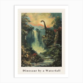 Dinosaur By A Waterfall Painting 3 Poster Art Print