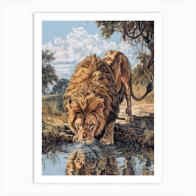 Barbary Lion Relief Illustration Drinking 1 Art Print