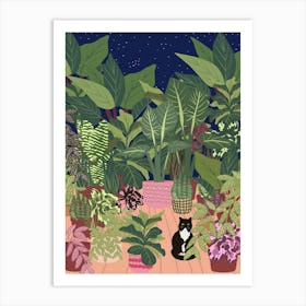 Black Cat And Plants In The Night Art Print