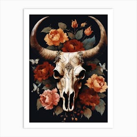 Vintage Boho Bull Skull Flowers Painting (45) Art Print