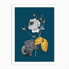 Vintage Cabbage Rose Black and White Gold Leaf Floral Art on Teal Blue n.0382 Art Print