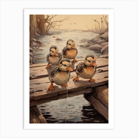 Ducklings On The Wooden Bridge Japanese Woodblock Style 4 Art Print