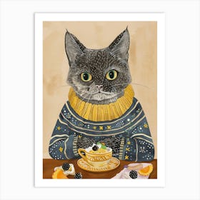 Grey Cat Having Breakfast Folk Illustration 3 Art Print