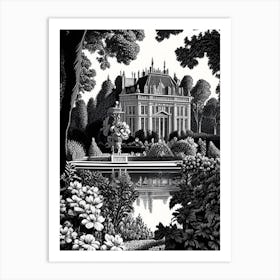 Palace Of Fontainebleau Gardens, France Linocut Black And White Vintage Art Print