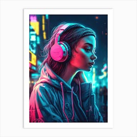 Neon Girl In Headphones 1 Art Print