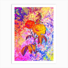 Purple Roses Botanical in Acid Neon Pink Green and Blue Art Print