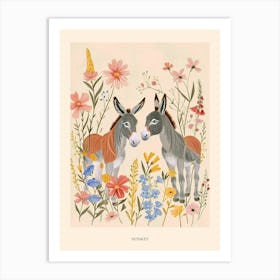 Folksy Floral Animal Drawing Donkey 3 Poster Art Print