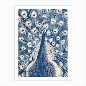 Navy Blue Linocut Inspired Peacock With Feathers Out 3 Art Print