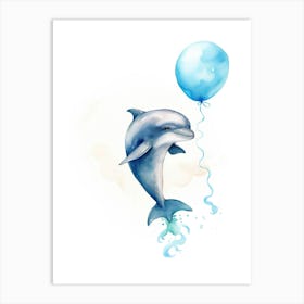 Baby Dolphin Flying With Ballons, Watercolour Nursery Art 4 Art Print