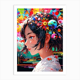 Anime Girl With Flowers Art Print