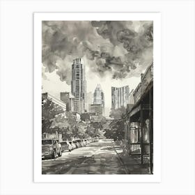 Rainey Street Historic District Austin Texas Black And White Watercolour 1 Art Print