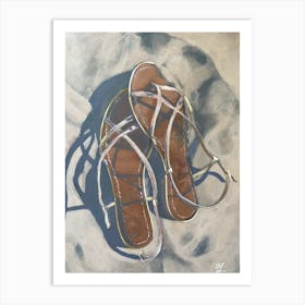 Coastal Dreams: Beach Sandals in the Sand, vacation fashion, acrylic painting on paper, summer holidays, shoes Art Print