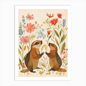 Folksy Floral Animal Drawing Beaver 4 Art Print