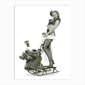 Pinup Girl Posing With Toy Bag On A Sled Art Print