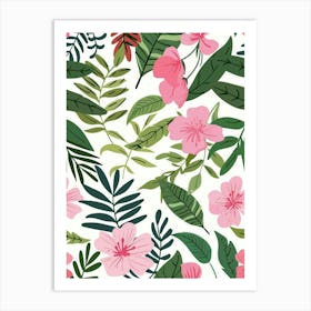 Seamless Pattern With Pink Flowers And Leaves Art Print