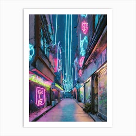 Cyberpunk Alley With Neon Signs And Holograms Art Print