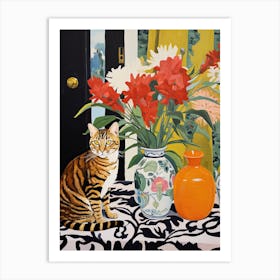 Foxglove Flower Vase And A Cat, A Painting In The Style Of Matisse 2 Art Print