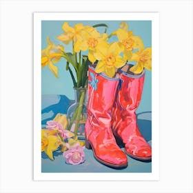 Painting Of Daffodil Flowers And Cowboy Boots, Oil Style 2 Art Print