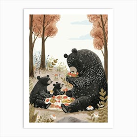 American Black Bear Family Picnicking In The Woods Storybook Illustration 2 Art Print