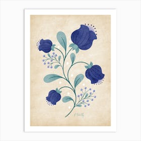 Folk Art Style Blue Anemones Art Print