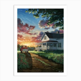 Anime Canvas Art: Tranquil Countryside Sunset with White Farmhouse, Red Truck, and Vibrant Sky, Perfect for Lofi Aesthetic and Rustic Nature Lovers. Art Print