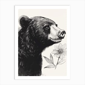 Malayan Sun Bear Sniffing A Flower Ink Illustration 1 Art Print