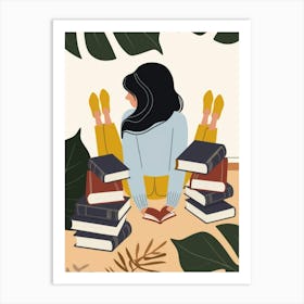 Illustration Of A Girl Reading Books Art Print