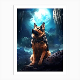 German Shepherd In The Moonlight Art Print