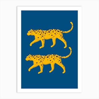 Leopard Pair Blue & Yellow Art Print