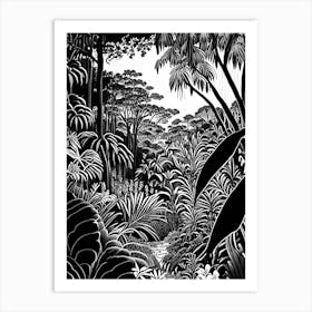 Singapore Botanic Gardens, Singapore Linocut Black And White Vintage Art Print