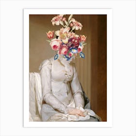 Mee Me In The Garden / Neoclassic Collage of Flowers / Oil Portrait of Woman Art Print