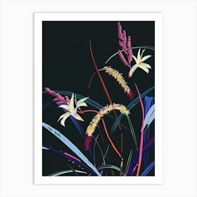 Neon Flowers On Black Fountain Grass 3 Art Print